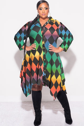 Final Sale Plus Size Collar Button Up High Low Shirt Dress in Diamond Rainbow Print