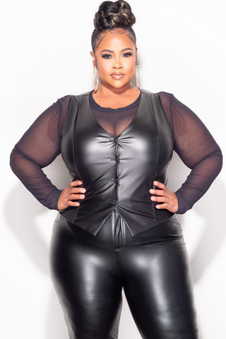 Final Sale Plus Size Faux Leather  Button Up Vest in Black (Vest Only)