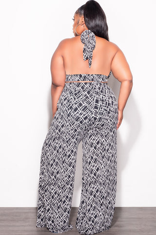 Final Sale Plus Size 2pc Halter Bra Tie Top and Pants Set in Black & White Print