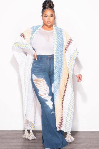 Final Sale Plus Size Knitted Cardigan with Bottom Tassels in White Blue Yellow Tan and Brown