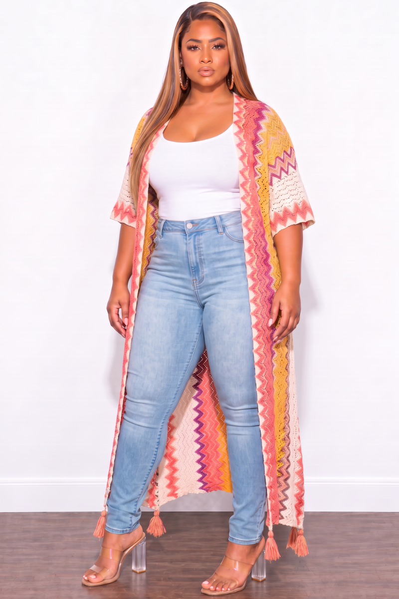 Final Sale Plus Size Knitted Cardigan with Bottom Tassels in Pink & Yellow Multi-Color