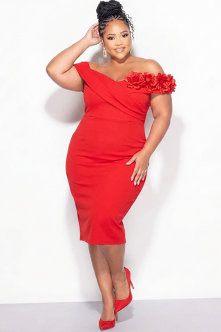 Final Sale Plus Size Off The Shoulder Corsage Midi Dress in Red