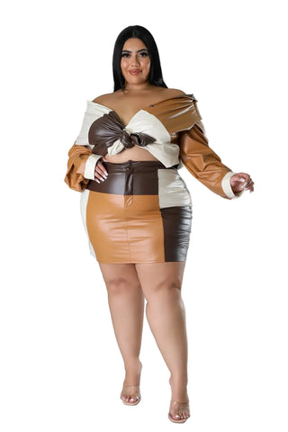 Final Sale Plus Size Colorblock Faux Leather Skirt in Brown, Camel and Tan (Skirt Only)