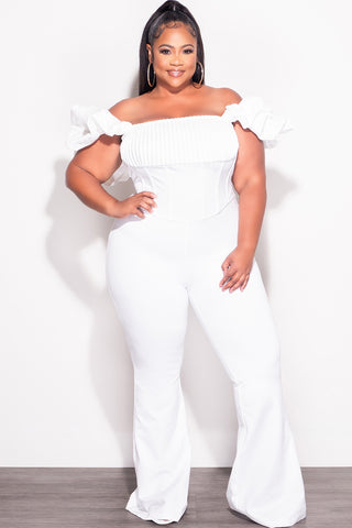 Final Sale Plus Size Off the Shoulder Ruffle Sleeve Pleated Corset Jumpsuit in White