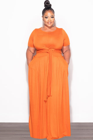 Final Sale Plus Size 2pc Short Sleeve Tie Top and Skirt Set in Orange