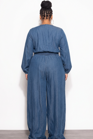 Final Sale Plus Size Long Sleeve Jumpsuit in Wash Denim