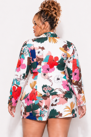 Final Sale Plus Size 2pc Drawstring Blazer and High Waist Shorts in White Multi Color Tropical Print