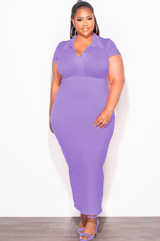 Final Sale Plus Size Collar V Neck Midi Dress in Lavender