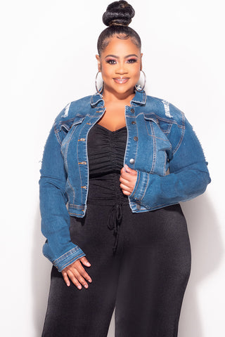 Final Sale Plus Size Distressed Jacket in Medium Blue