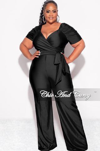 Final Sale Plus Size Shiny Jumpsuit with Ruched Sleeves in Black