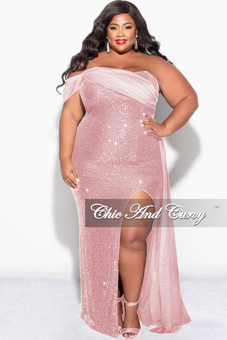Final Sale Plus Size Long Sequin Evening Gown With Slit in Soft Pink