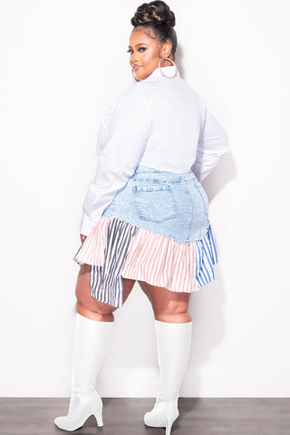 Final Sale Plus Size Splicing Skirt in Denim Multi Color Stripe Print