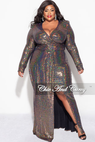Final Sale Plus Size Confetti Dot Knit Sequin Faux Wrap Gown With Front Slit In Gold with Black Background