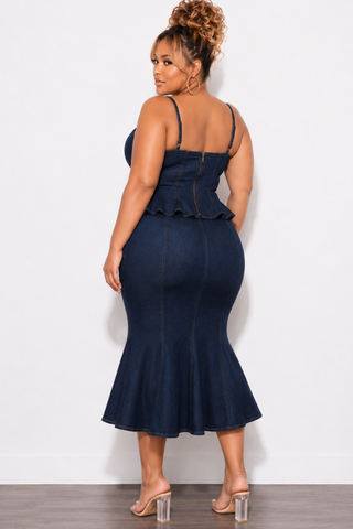 Final Sale Plus Size Sleeveless 2pc Peplum Dark Denim Skirt Set
