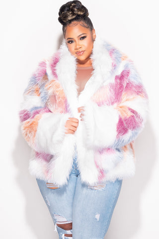 Final Sale Plus Size Faux Fur Hooded Jacket in White Multi-Color Print