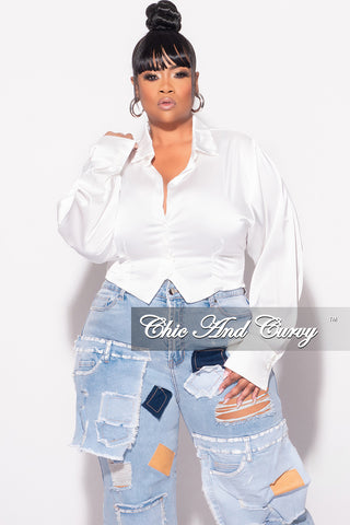 Final Sale Plus Size Collar Button Up Satin Top with Frill Sides in White