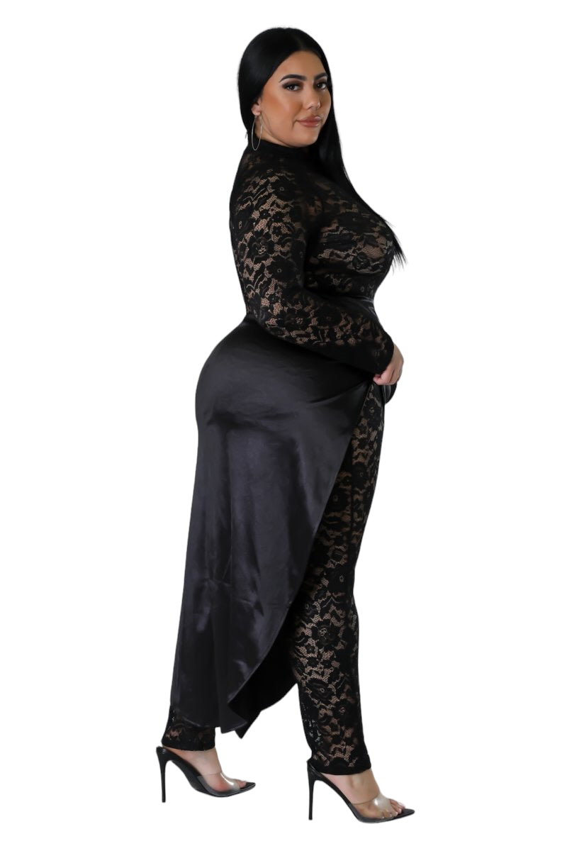 Final Sale Plus Size 2pc Lace Jumpsuit Set with Satin Skirt in Black