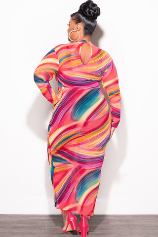 striped mesh bodycon dress Aloruh Women's Autumn/Winter New Tie Dye Striped Mesh Backless Flare Sleeve Bodycon Knit Dress