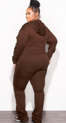 Final Sale Plus Size 2pc Hooded Crop Zip-Up Jacket and Pants Set in Brown