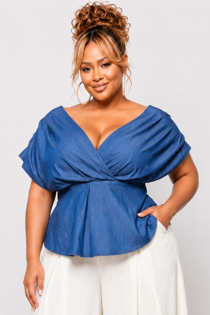 Final Sale Plus Size Pleated Blouse Top in Medium Denim