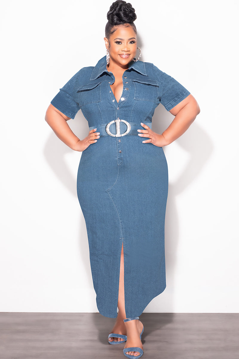 Final Sale Plus Size Collar Button Up Dress in Medium Denim Chic And Curvy Final Sale Plus Size Collar Button Up Dress in Medium Denim Chic And Curvy