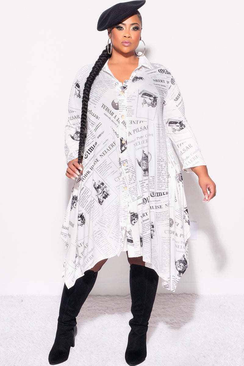 Final Sale Plus Size Hi-Low Shirt Dress in White and Black News Print