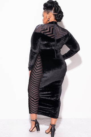 Final Sale Plus Size Midi Velvet Dress with See-Thru Mesh Sides & Chest in Black