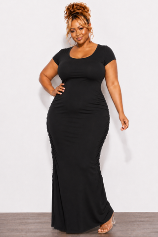 Final Sale Plus Size Short Sleeve Scoop Neck Maxi Dress with Side Fringe in Black