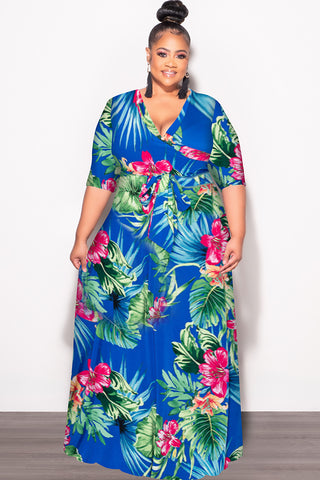 Final Sale Plus Size Faux Wrap Dress in Royal Blue Green and Fuchsia Floral Print