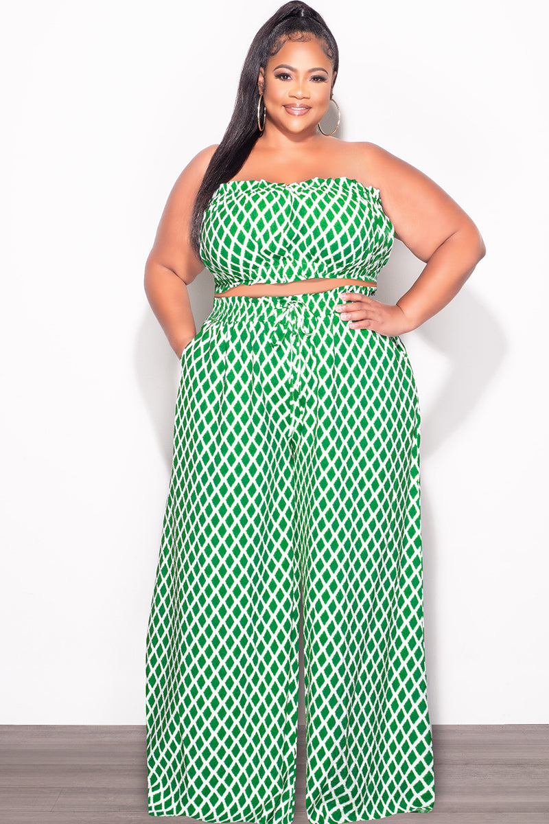 Final Sale Plus Size 2pc Strapless Crop Top and Flare Pants Set In Green & White Print