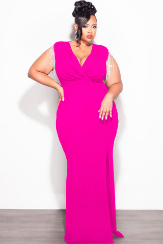 Final Sale Plus Size Faux Wrap Rhinestone Fringe Sleeve Maxi Dress in Fuchsia