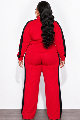Final Sale Plus Size 2pc Zip-Up Fleece Pant Set in Red & Black
