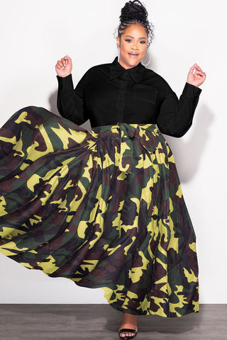 Final Sale Plus Size High Waist Maxi Skirt with Tie in Camouflage Print