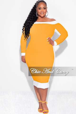 Final Sale Plus Size Off the Shoulder BodyCon Dress in Mustard with White Trim