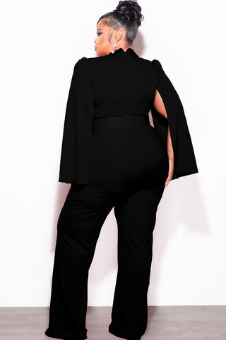 Final Sale Plus Size Faux Wrap Belted Jumpsuit with Cape Sleeves in Black