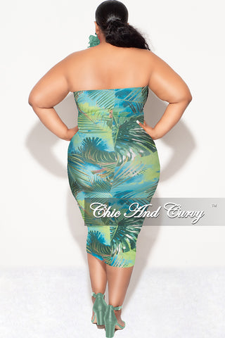 Final Sale Plus Size Strapless Tube BodyCon Dress in Green Leaf Print