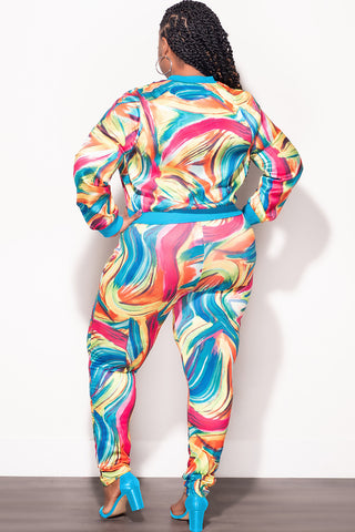Final Sale Plus Size 2pc Cropped Satin Zip-Up Jacket and Pants Set in Multi Color Swirl Print
