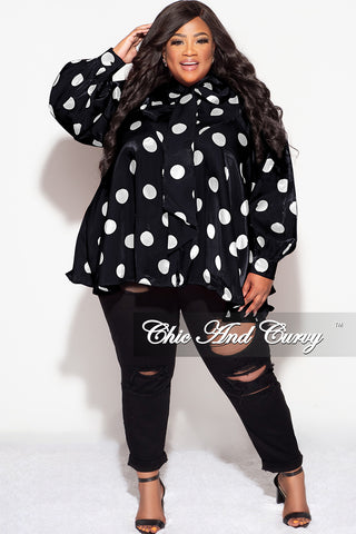 Final Sale Plus Size Button Up Oversized Neck Tie Top in Black and White Polka Dot