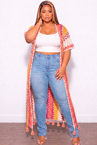 Final Sale Plus Size Knitted Cardigan with Bottom Tassels in Pink & Yellow Multi-Color
