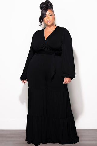 Final Sale Plus Size 2pc Long Sleeve Crop Tie Top and 3-Layer Pants Set in Black
