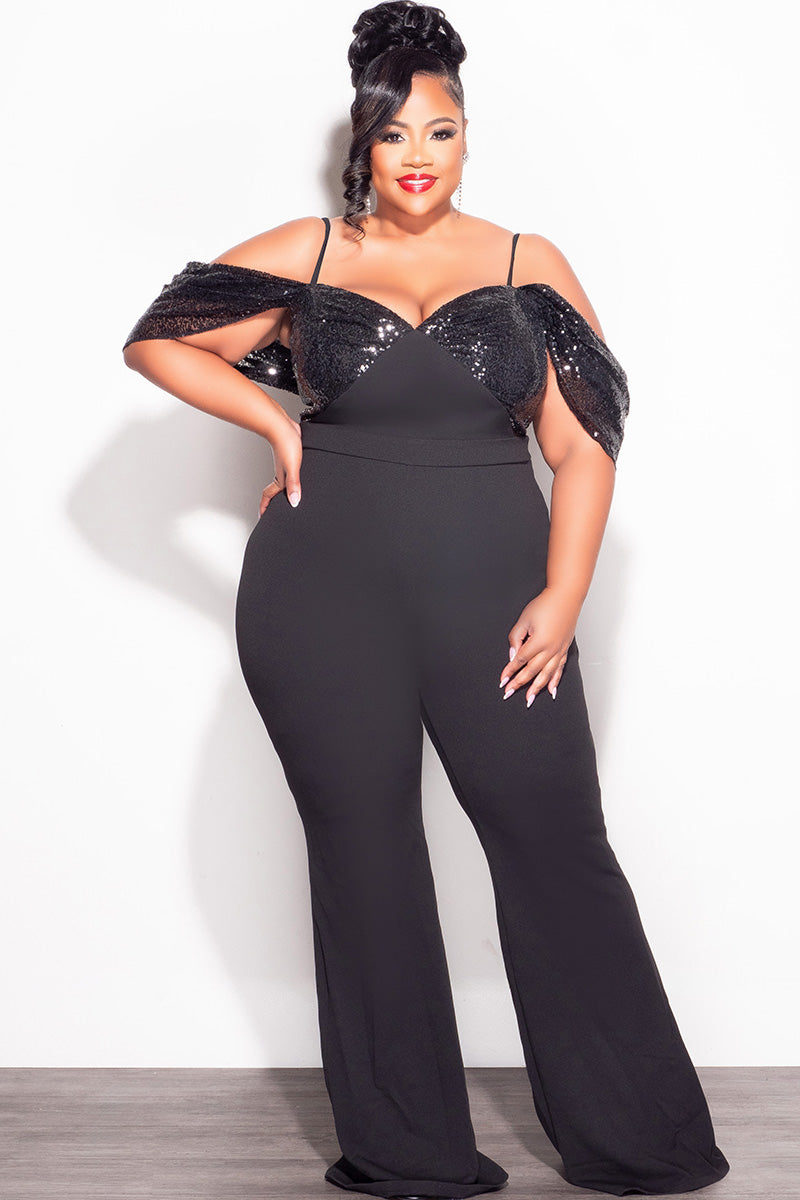Final Sale Plus Size Off The Shoulder Faux Wrap Sequin Jumpsuit Black