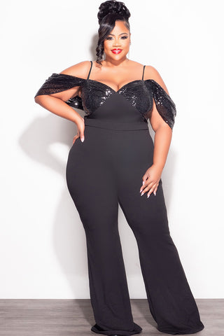 Final Sale Plus Size Off The Shoulder Faux Wrap Sequin Jumpsuit Black