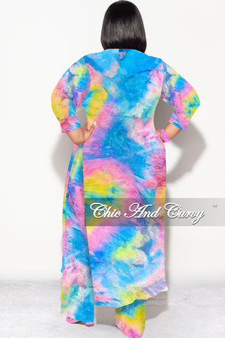 Final Sale Plus Size 2pc Double Slit Top and Set in Rainbow Tie Dye