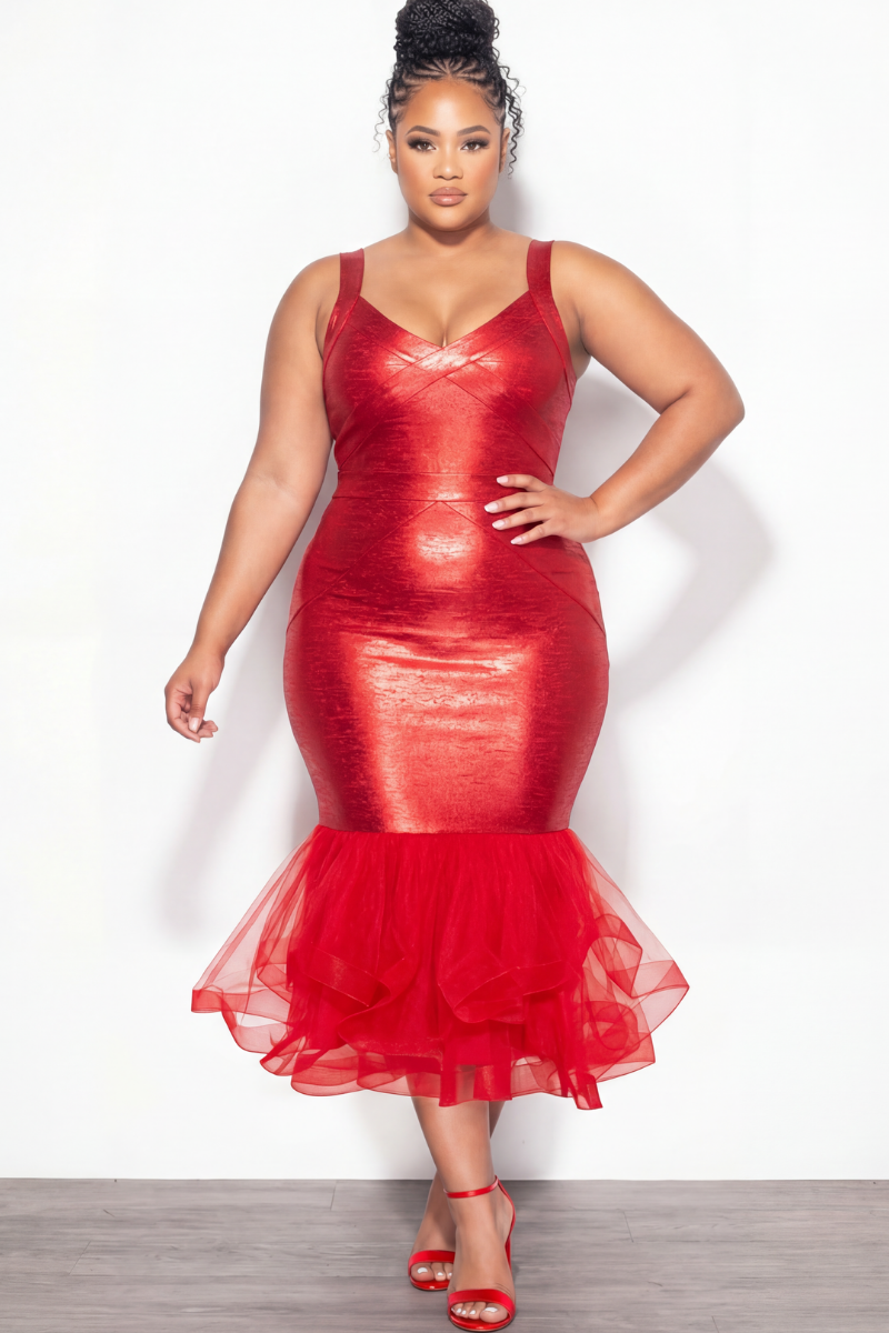 Final Sale Plus Size Bandage Mermaid Tulle Midi Dress in Red Chic And Curvy Final Sale Plus Size Bandage Mermaid Tulle Midi Dress in Red Chic And Curvy