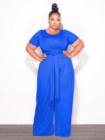 Final Sale Plus Size 2pc Short Sleeve Tie Top and Pants Set in Royal Blue