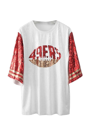 Final Sale Plus Size Sequin 49ERS Jersey Top in White Red and Gold