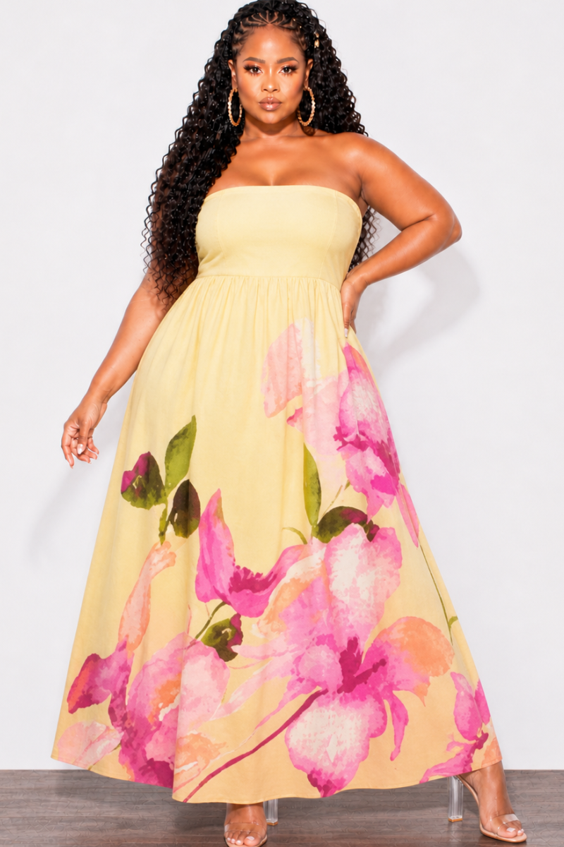 Final Sale Plus Size Floral Maxi Dress with Smocked Back in Yellow