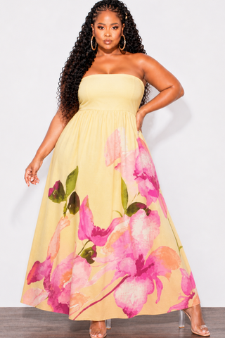 Final Sale Plus Size Floral Maxi Dress with Smocked Back in Yellow