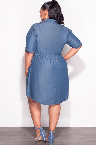 Final Sale Plus Size Collar Button Up Drawstring Dress in Chambray Denim