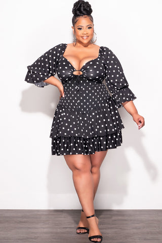 Final Sale Plus Size 2pc Set Off the Shoulder Crop Tie Top and Ruffle Layered Hem Mini Skirt in Black & White Polka Dot